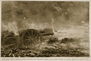 Kaasunaamioiset brittiläiset ampujat ampuivat suoraan eteneviin vihollismassoihin Saksan hyökkäyksen aikana maaliskuussa 1918, 1918-1919 tekijältä English School