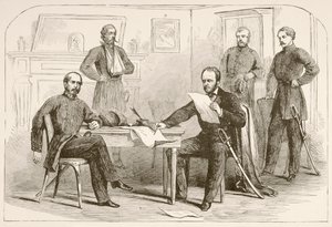 Kenraali Joseph Eggleston Johnston luovuttaa armeijan Tennesseen kenraali William Tecumseh Shermanille (litho) tekijältä English School