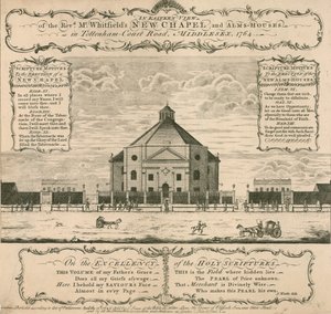George Whitfieldin uusi kappeli ja almutalot Tottenham Court Roadilla, Lontoossa, 1764 tekijältä English School