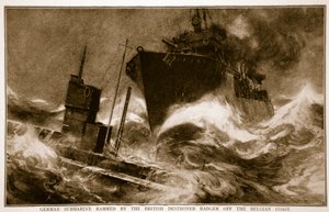 Brittiläisen Destroyer Badgerin jyrsimä saksalainen sukellusvene Belgian rannikolla, 1914-19 tekijältä English School
