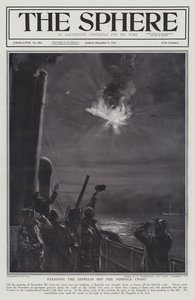 Saksalainen Zeppelin-ilmalaiva ammuttiin alas liekkeihin Norfolkin rannikolla, ensimmäinen maailmansota, 28. marraskuuta 1916 (litho) tekijältä English School