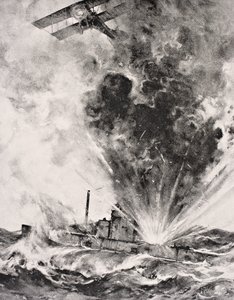 Saksalainen sukellusvene pommitettiin ja upposi 26. elokuuta 1915 Lontoossa 1916 julkaistusta The War Illustrated Album deLuxe -julkaisusta (litho) tekijältä English School