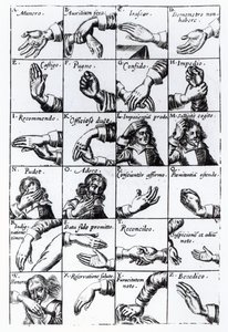 Eleet jäljittelyyn julkaisusta John Bulwers Chrilogia Naturall Language of Hand, 1644 tekijältä English School
