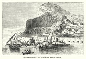 Gibraltar: Laskeutumispaikka ja maurien linnan jäännökset (kaiverrus) tekijältä English School