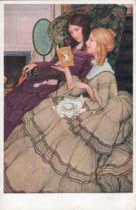 Tytöt lukemassa ystävänpäiväkortteja (värilitografia) tekijältä English School