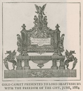 Kultaarkku, joka annettiin Lord Shaftesburylle kaupungin vapauden myötä, kesäkuu 1884 tekijältä English School