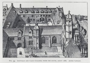 Gonville ja Caius College, etelästä, noin 1688, Logganin jälkeen (kaiverrus) tekijältä English School