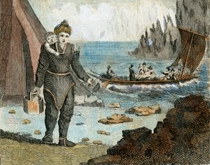 Grönlantilaisnainen ja vene, noin 1779 (kaiverrus). tekijältä English School