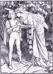 Guenevere lähettää sivunsa Lancelotille avuksi, kuvituksen Longmans Greenin ja Co:n julkaisemasta The Book of Romancesta tekijältä English School