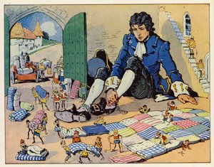 Gulliverin matkat: Gulliver: Keisari teetti hänelle sängyn (värilitografia). tekijältä English School