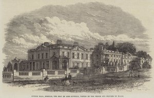 Gunton Hall, Norfolk, lordi Suffieldin kotipaikka, jossa Walesin prinssi ja prinsessa vierailivat (kaiverrus). tekijältä English School
