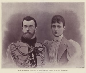 HÄN Venäjän keisari Nikolai II ja keisarinna Aleksandra Feodorovna (värilitografia). tekijältä English School