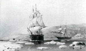 HMS Assistance ja Pioneer murtautumassa talvikorttelista vuonna 1854 (litografia) tekijältä English School