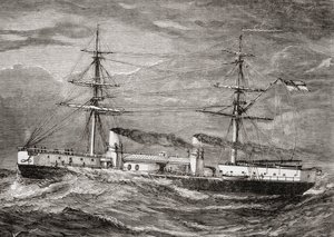 Britannian kuninkaallisen laivaston HMS Inflexible, Invincible Class taisteluristeilijä, kuvitus "Our Own Magazine -lehdestä", julkaissut Children