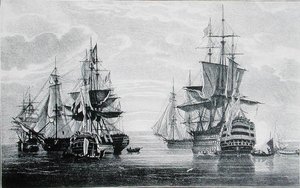 HMS:n alukset "Agamemnon", "Captain", "Vanguard", "Elephant" ja "Victory" (kaiverrus). tekijältä English School