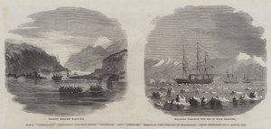 HMS "Termagant" saattoi tykkiveneet "Grappler" ja "Forward" Magellanin salmen läpi (kaiverrus) tekijältä English School