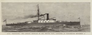 HMS "Trafalgar", Britannian laivaston suurin rautapuku, laukaistiin Portsmouthissa 20. syyskuuta (kaiverrus) tekijältä English School