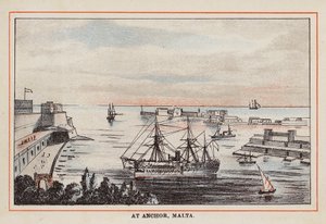 HM Indian Troop-Ship: Ankkurissa, Malta (värillinen kaiverrus). tekijältä English School