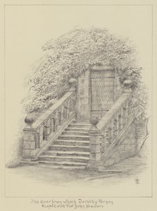Haddon Hall, Ovi, josta Dorothy Vernon karkasi Sir John Mannersin kanssa (litho) tekijältä English School