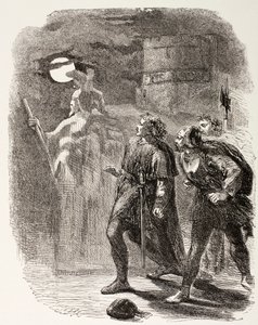 Hamlet, Horatio ja Marcellus näkevät kummituksen, The Illustrated Library Shakespearesta, julkaistu Lontoossa 1890 tekijältä English School