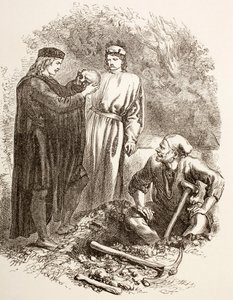 Hamlet pitää hallussaan Yorickin kalloa, joka kuvaa Hamletin näytöstä V, kohtaus I, "The Illustrated Library Shakespeare", julkaistu Lontoossa 1890 tekijältä English School