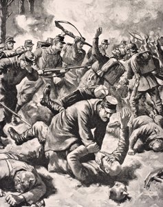Kädestä käteen taistelu saksalaisten ja länsimaisten sotilaiden välillä, The War Illustrated deLuxesta, julkaistu Lontoossa, 1916 tekijältä English School