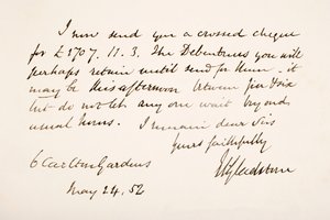 William Eward Gladstonen käsiala ja allekirjoitus, 1852 tekijältä English School