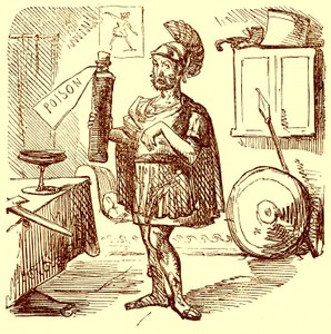 Hannibal pitää tavallisen siistin ja sopivan puheen ennen itsensä tappamista, kuvitus Gilbert Abbott a Beckettin teoksesta The Comic History of Rome, julkaistu n. 1850 (digitaalisesti paranneltu kuva) tekijältä English School