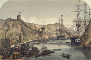 Balaklavan satama Mustallemerelle päin, 1859 tekijältä English School