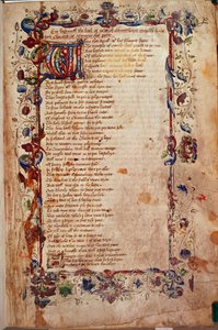 Harley 1758, fol.1, Prologue, Geoffrey Chaucerin teoksesta "The Canterbury Tales", n. 1450-1460 (vellum) tekijältä English School