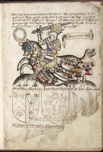 Harley 2169 f. 3 Henrik VI hevosen selässä, vaakuna Henrik VI:n aikana (vellum) tekijältä English School