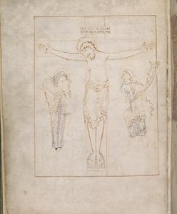 Harley 2904, f.3v, Ristiinnaulitseminen; Neitsyt ja Pyhä Johannes kirjoittamassa todistuksensa kirjakäärölle, Ramsey Psalter, n. 900-1000 (vellum) tekijältä English School