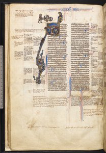 Harley 3487, f.22v Historiallinen alkukirjain "S", jossa mies lukee kirjaa ja osoittaa taivaalle, ja marginaalissa mies työntää alaston miestä kärryissä linnun kanssa, mies kirveellä ja lohikäärme ja ihmispää kirjainmuodossa boo-sanan alussa tekijältä English School