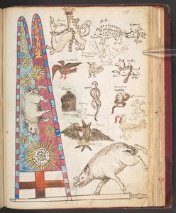Harley 4632, f.242, Richard III:n banneri Bosworthissa sekä Yorkist sunburst (vellum) tekijältä English School