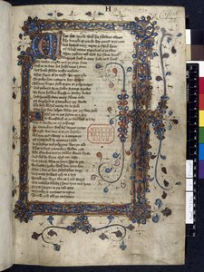 Harley 7334, f.1 valaistu alkukirjain "W", "The Canterbury Tales", kirjoittanut Geoffrey Chaucer, n. 1410 (mustetta, väriä ja kultaa perunakalvolla) tekijältä English School