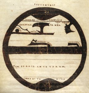 Harley MS 2772 f. 70v, kaaviomainen vyöhykekartta, n. 1050 (muste ja tempera pergamentilla) tekijältä English School