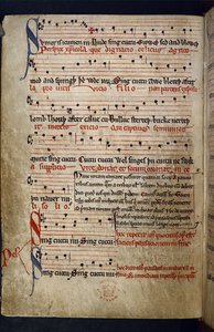 Harley MS 978 f.11v Musical Miscellany, kokoelmasta "Collection of poems including fables and musical, calendrical, and medical texts" (tussi ja väri pergamentilla). tekijältä English School
