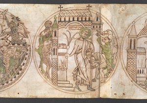 Harley Roll Y 6, Roundel 9, Roundel of St Guthlac (nimillä "Guthlacus") ruoskimassa petollisia demoneita, jotka ovat tunkeutuneet hänen taloonsa [um]