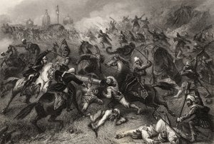 Havelockin pylväs hyökkää kapinoijia vastaan ennen Cawnporea vuonna 1857, vuonna 1858 julkaistusta "Intian kapinan historiasta" tekijältä English School