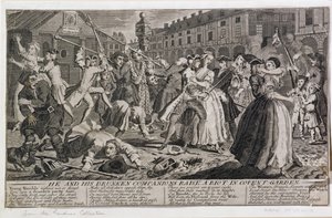 Hän ja hänen humalaiset kumppaninsa nostavat mellakan Covent Gardenissa, 1735 tekijältä English School