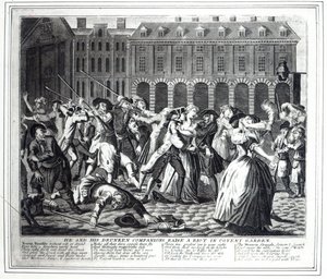Hän ja hänen humalaiset kumppaninsa nostavat mellakan Covent Gardenissa, Hogarthin "A Rake