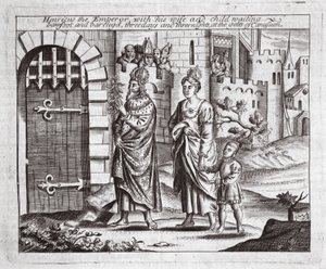 Keisari Henricus vaimoineen ja lapsensa odottamassa, paljain jaloin ja paljain jaloin, kolme päivää ja kolme yötä Canusuamin porteilla, John Foxen kuvitus Apostolien teoista ja monumenteista, yhdeksäs painos, tekijältä English School