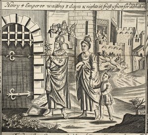 Henry 4 Keisari odottaa 3 päivää ja yötä pakkasessa ja lumessa päästäkseen paavi Gregoryn luo, kuvitus John Foxen teoksista Apostolien teot ja monumentit, yhdeksäs painos, pubi. 1684 tekijältä English School