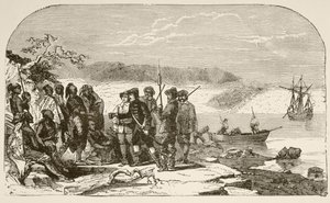 Henry Hudson tarjoaa viinaa intiaaneille vuonna 1609 (litho) tekijältä English School