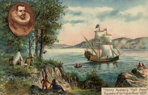 Henry Hudsonin Half Moon -alus löytämässä Hudson-jokea, Pohjois-Amerikka. tekijältä English School