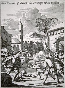 Henry Morgan valloittaa ja ryöstää Puerto de Principen kaupungin Kuubassa vuonna 1668, kuvitus John Esquemelingin teoksesta "The Buccaneers of America", julkaistu 1699 (kaiverrus). tekijältä English School