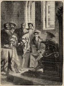 Henrik VIII. ja hänen neuvostonsa, joka määräsi Raamatun kääntämisen englanniksi - 1538 - kaiverrus Cassell Petter & Galpinin kirjasta "Englannin historia" tekijältä English School