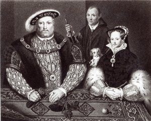 Henry VIII, hänen tyttärensä Queen Mary ja Will Somers 1500-luvun öljymaalauksen jälkeen, joka maalattiin postuumisti, 1821 tekijältä English School