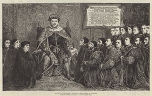 Henry VIII esittelee peruskirjan College of Surgeonsille (kaiverrus) tekijältä English School