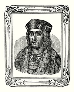 Henrik VII syntyi vuonna 1457, kruunattiin vuonna 1485 ja kuoli vuonna 1509 (kaiverrus) tekijältä English School